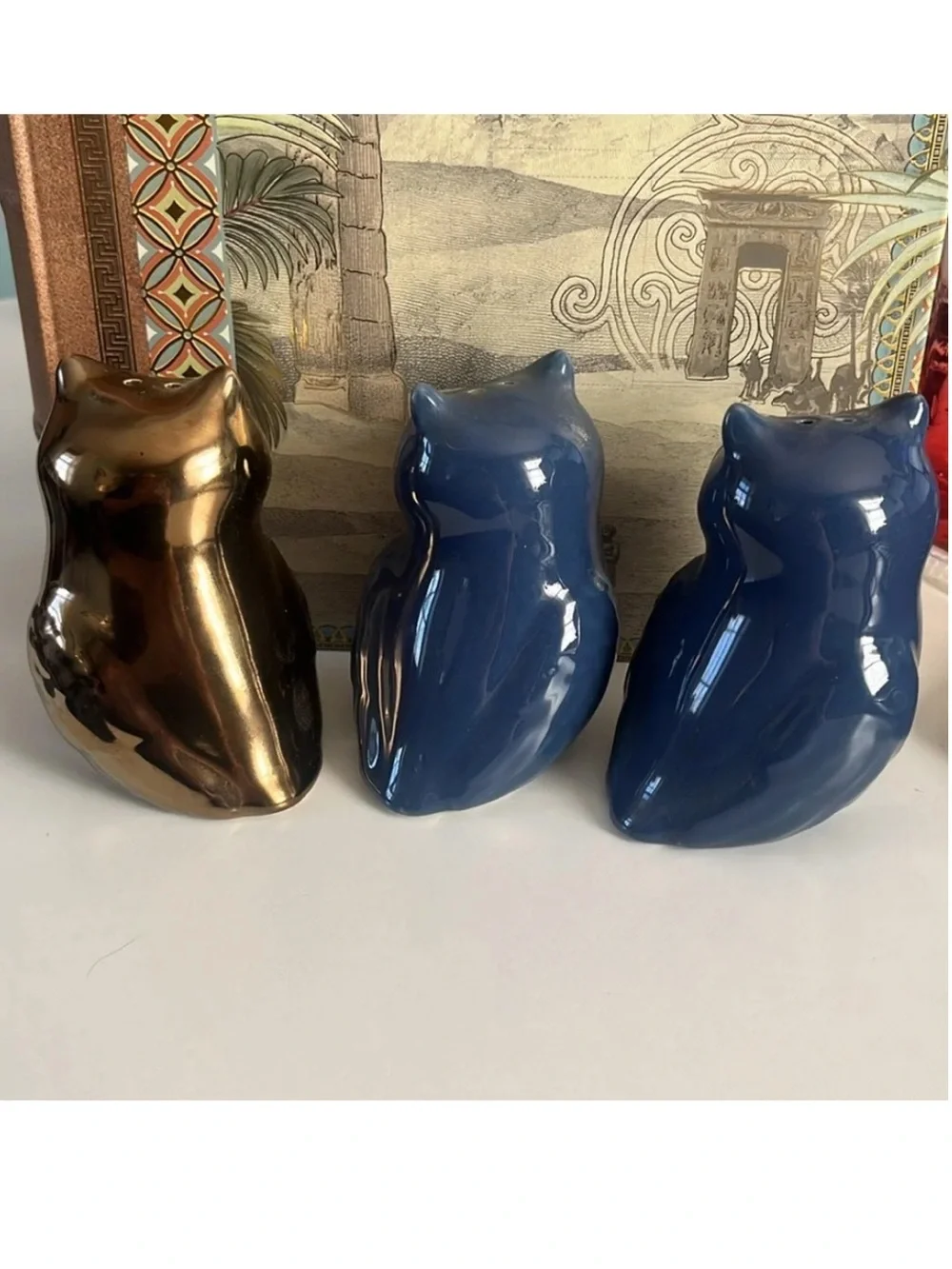 Set of Target 3 owl salt pepper shakers 2- blue and 1- metallic bronze gold EUC